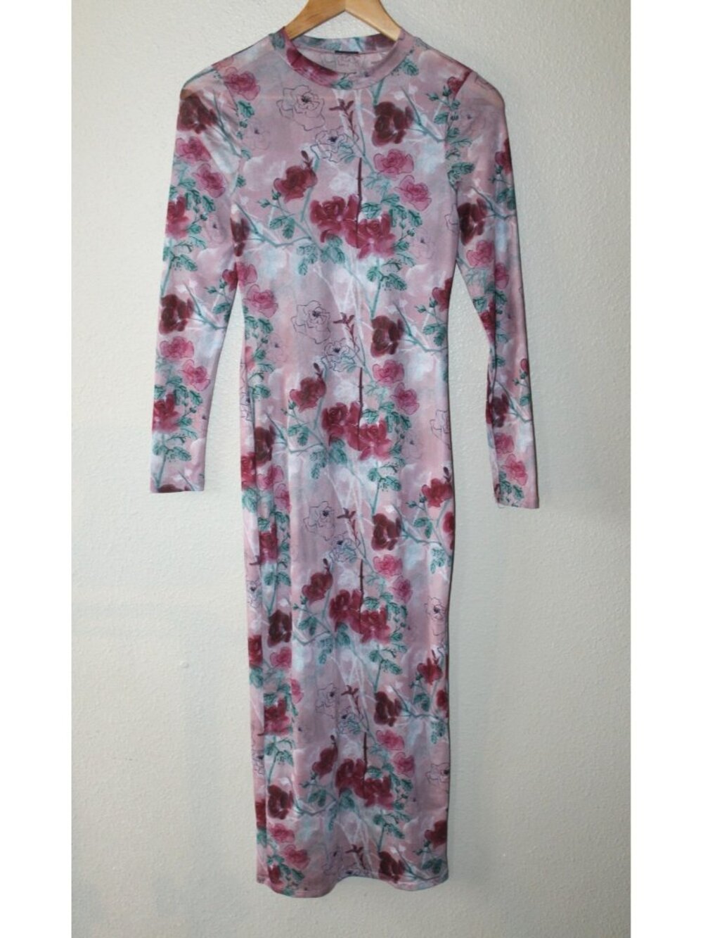 Blanc Clothing Womens Sheer Floral Multicolor Long Sleeve Midi Dress M